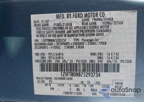 2007 Ford Mustang из США, поврежденный, VIN 1ZVFT80N875293734